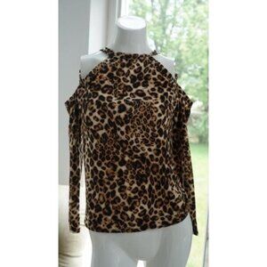 Venus Small CHEETAH LEOPARD CUT OUT SHOULDER BLACK BEIGE STRETCH TOP